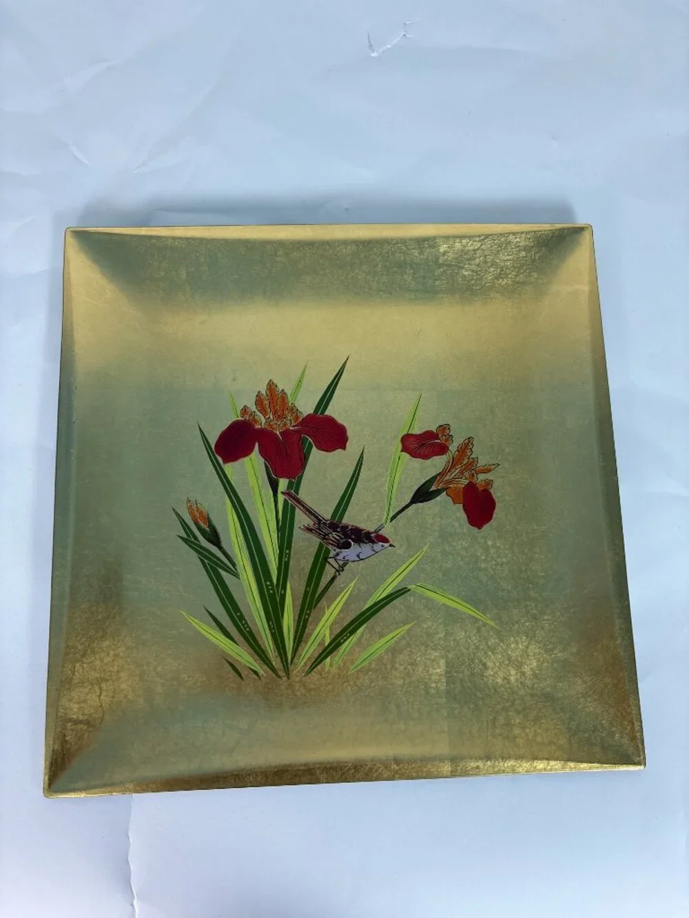 Vintage Toyo Japan Gold Lacquer Serving Tray | Mid Century Japanese Floral Bird